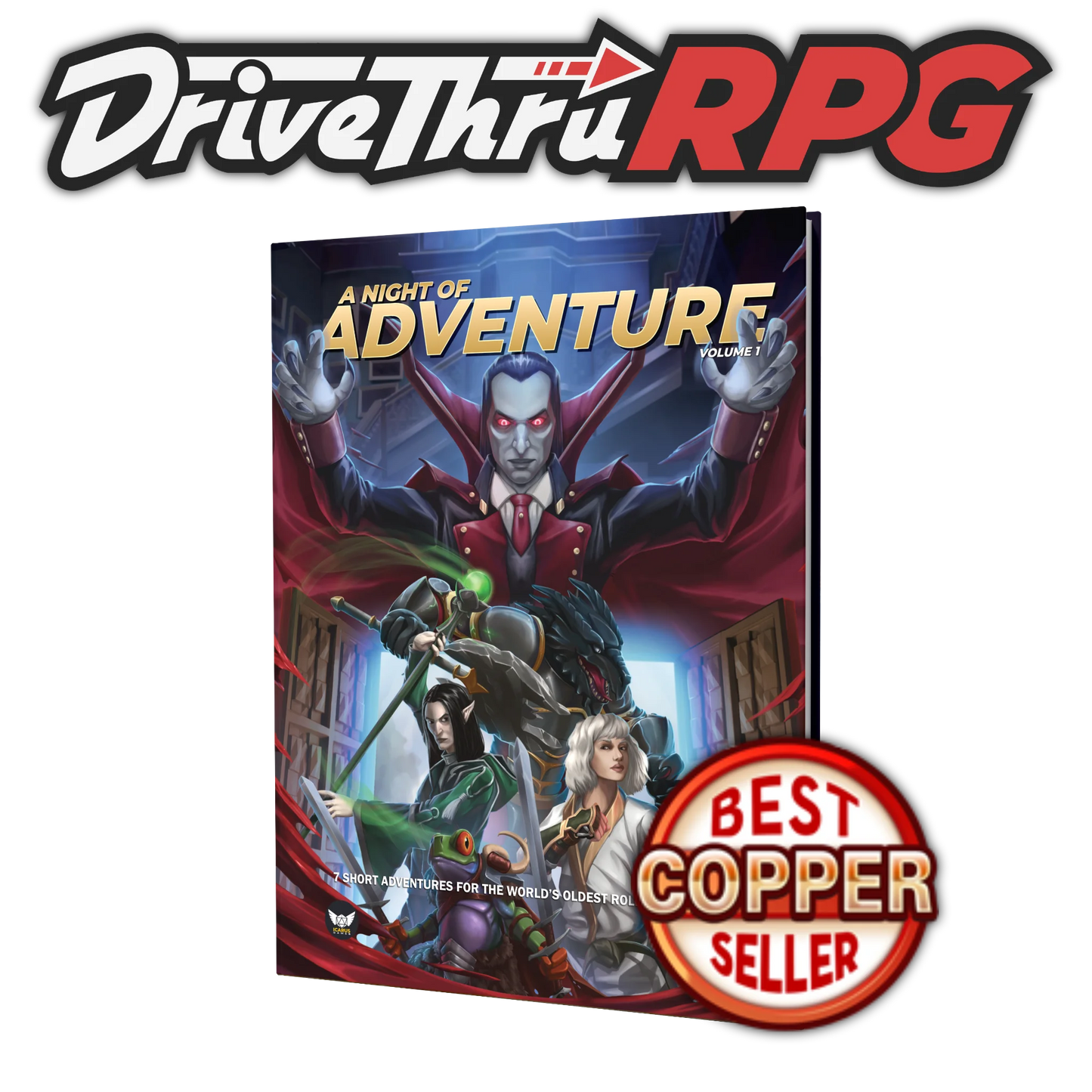 At the top of the image is the Drivethrurpg logo. Beneath is the night of adventure book cover. In front of this is the icon for the "Copper best seller"
