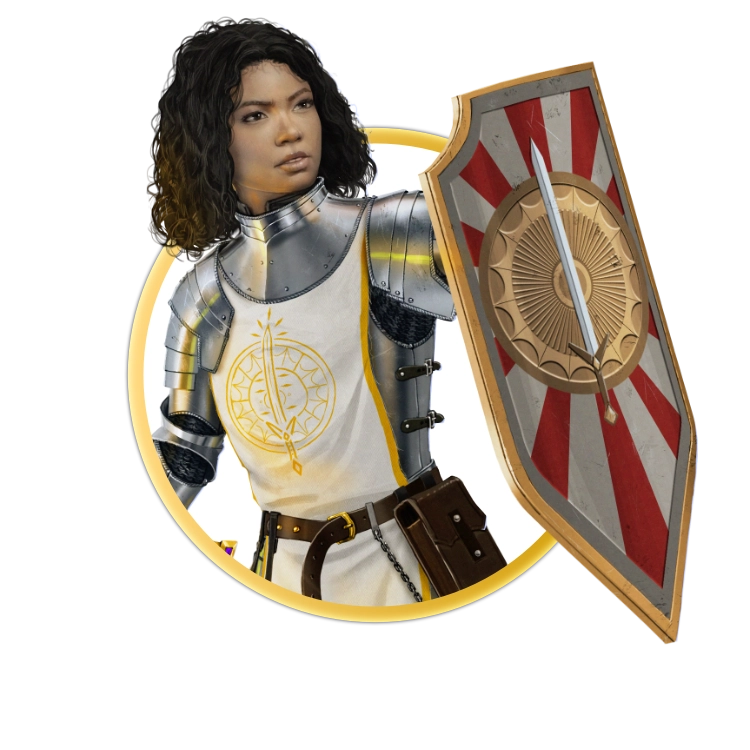 A circular token which depicts A female paladin with dark skin and long curly hair holds her shield out in front of her to protect herself. She wears shining plate armor and a white tabard on top of the armor.