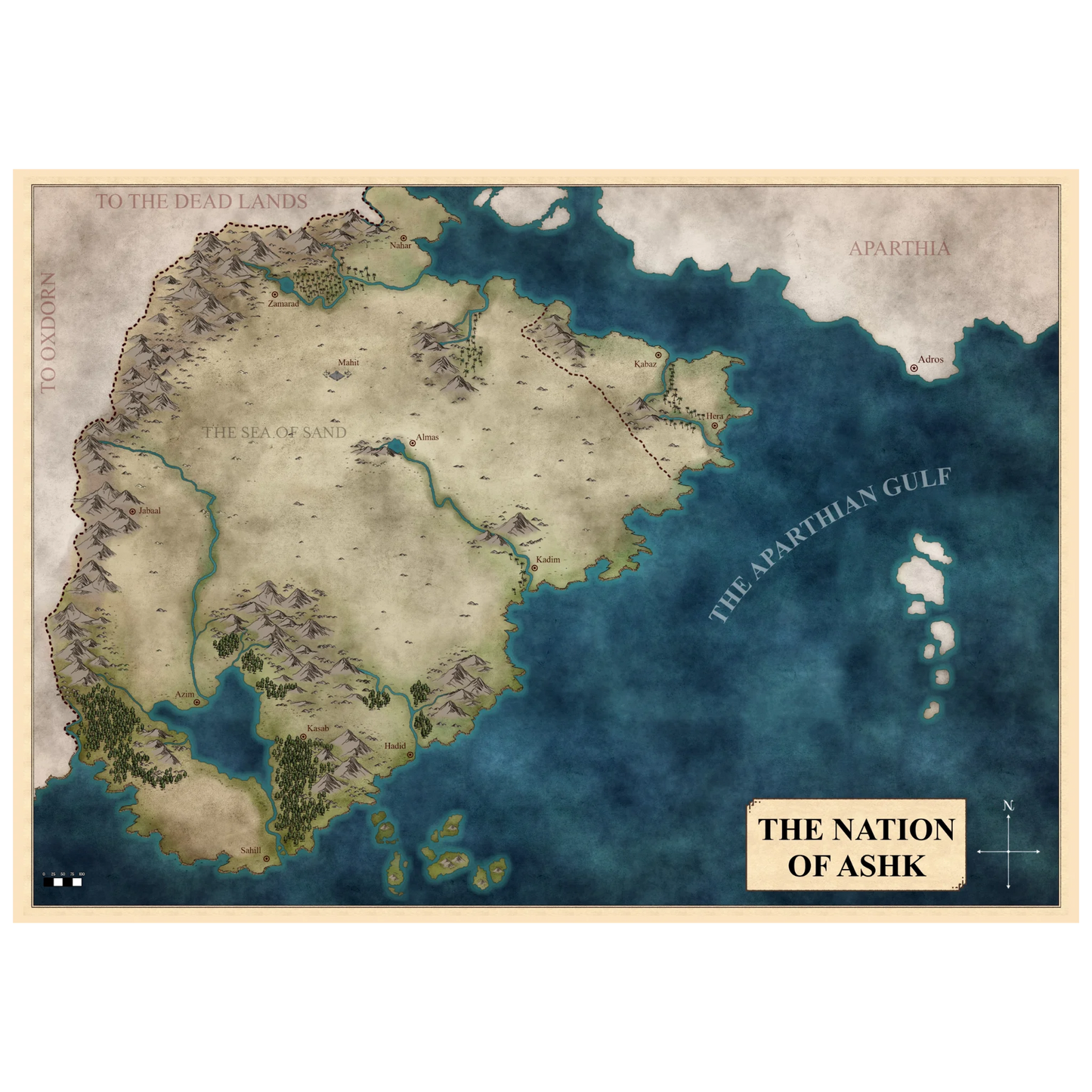 An illustration of the map of the city states of Ashk, a desert nation with yellow sands. There is a wide mountain range to the west and the Aparthian Gulf, a body of water, to the east. To the north east of the country is a darker region known as the chaos wastes.