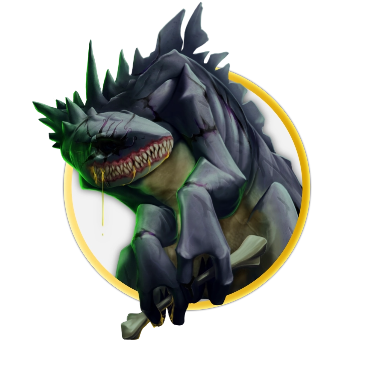 A circular token depicting A large grey monster with the a body covered in necrotic black scars. The creature has no eyes and exposes, sharp teeth. It holds a human bone in its sharp claws.