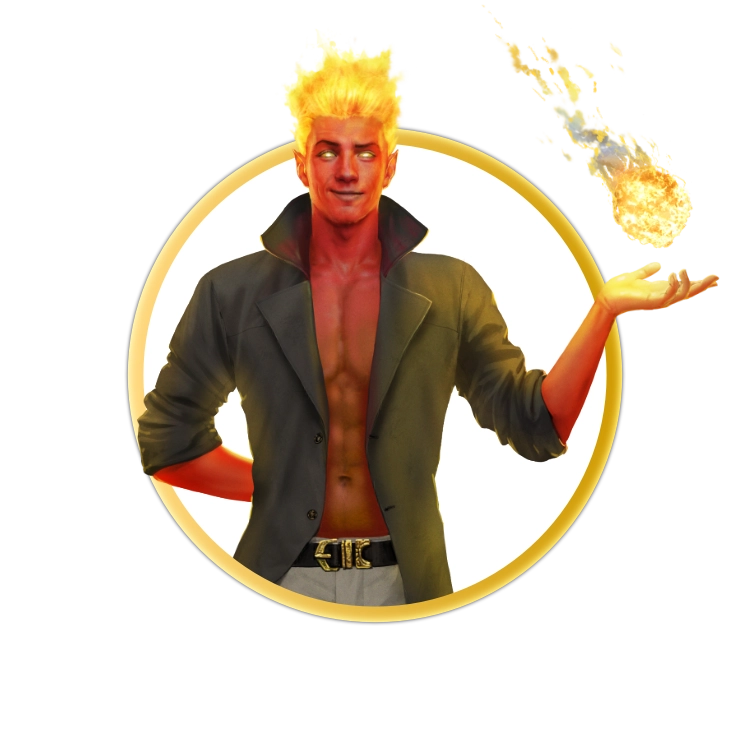 A circular token which depicts A male fire genasi with red skin and flaming hair who is holding a ball of flame in a hand out beside him. He is wearing a long brown leather coat and no shirt.