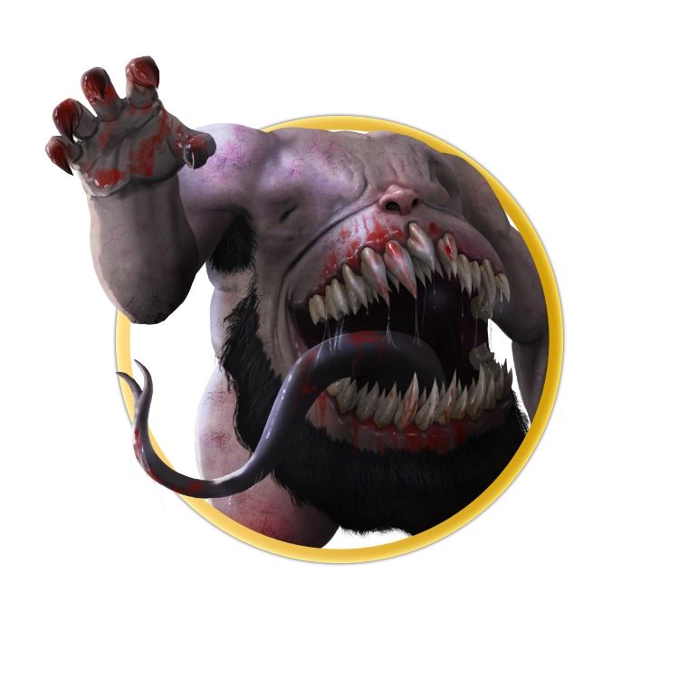 A circular token depicting A large, fleshy monster with no head. It has sharp claws on its hands and feet and its stomach has a huge mouth filled with large teeth and a forked tongue.