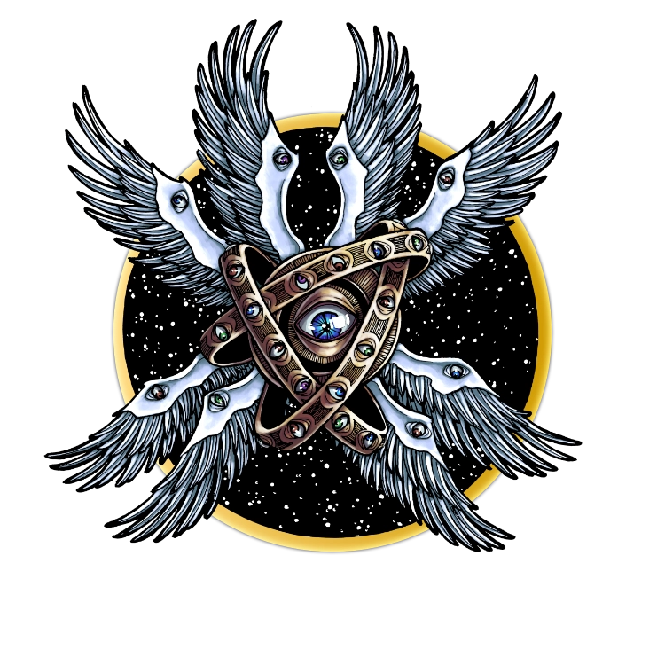 A circular token which depicts A biblically accurate angel which is comprised of a central large blue eye surrounded by metallic rings covered in eyes. The creature has eight wings which have additional eyes on their joints.