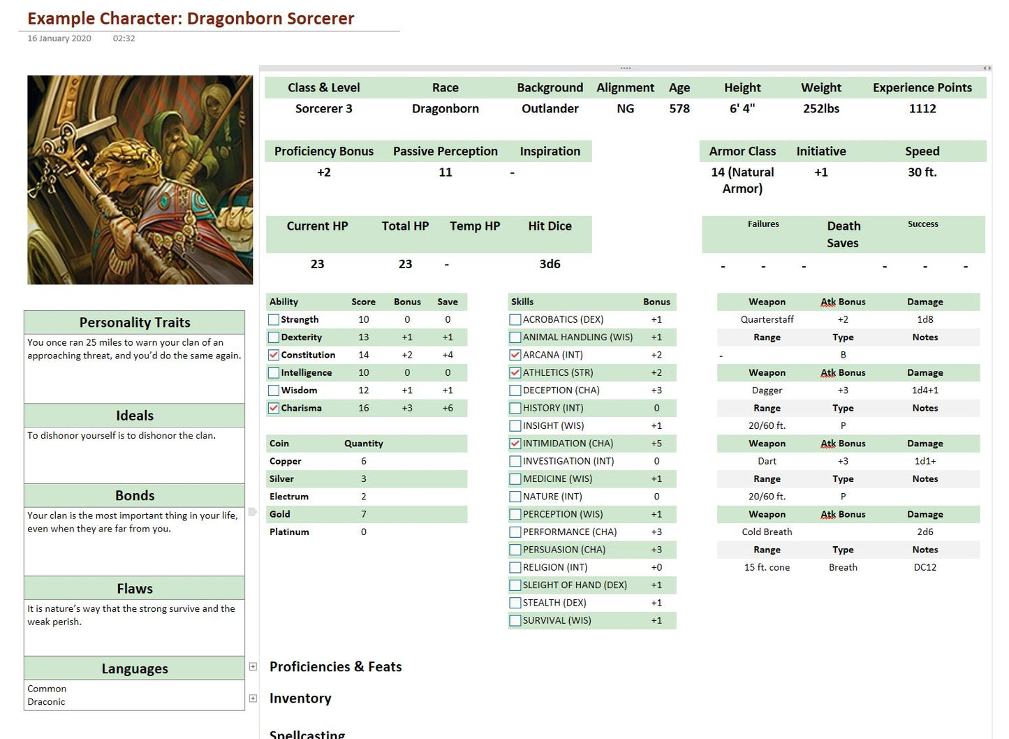An example page from the OneNote GM bible, showing a template for creating player characters.