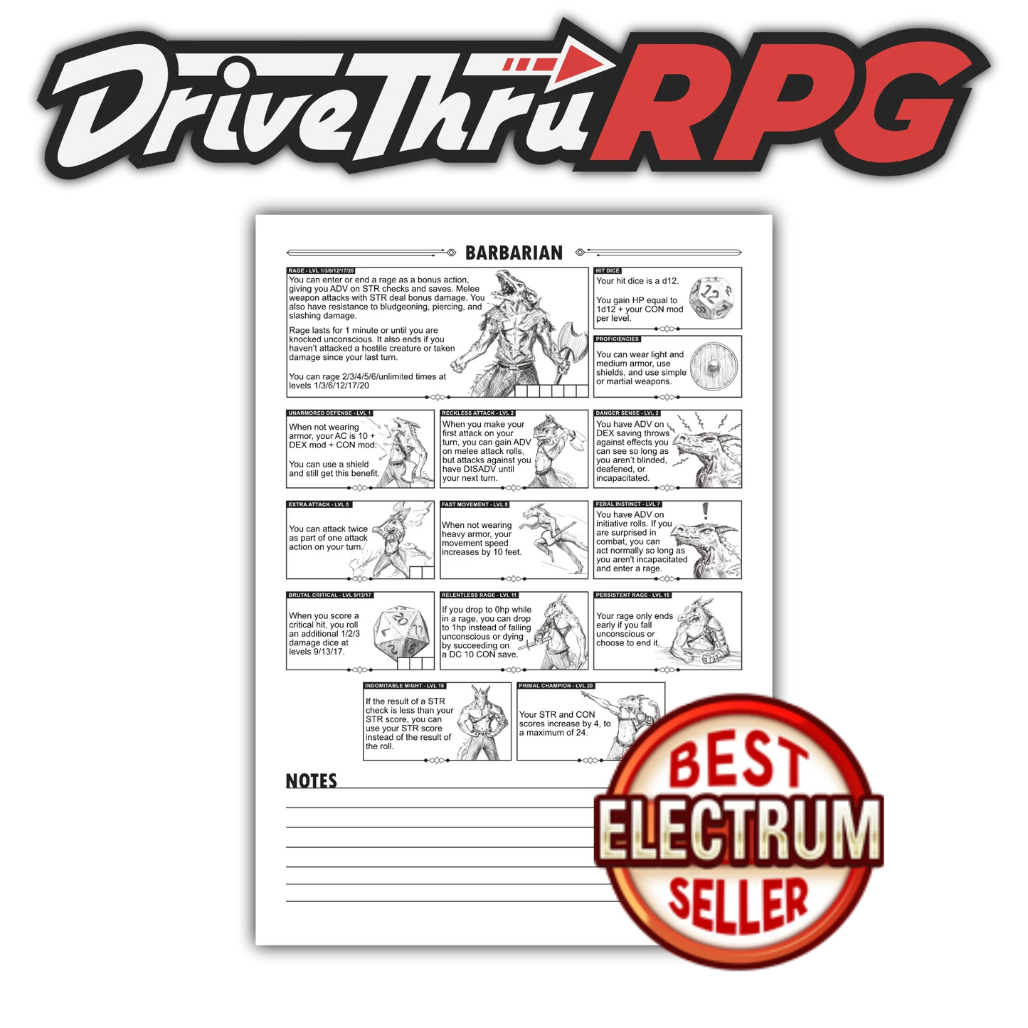 One of the class cheat sheets depicting a barbarian. It is a black and white sheet which shows different class abilities and sketch artwork depicting them. Above the image is the DrivethruRPG logo, and in front there is the "electrum best seller" icon.