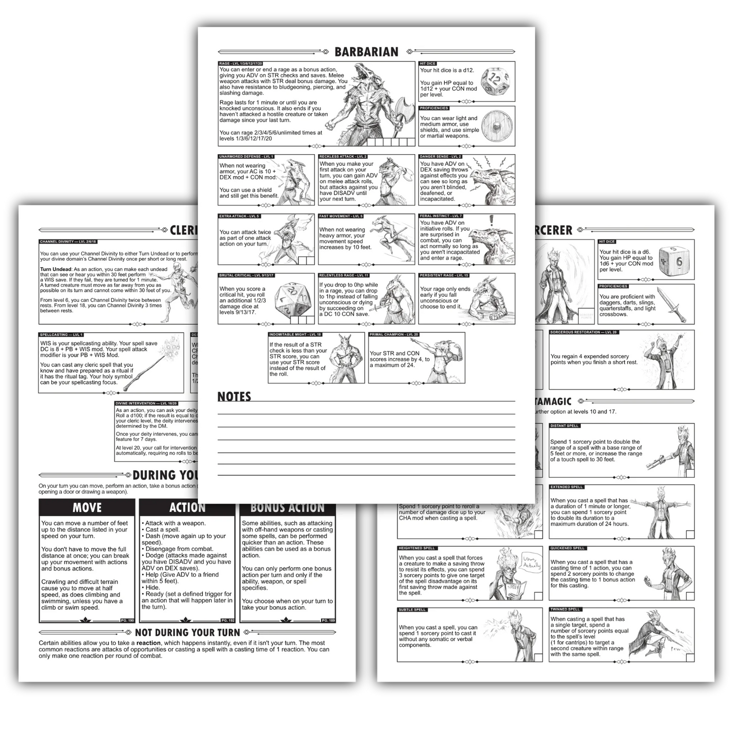 Three of the class cheat sheets stacked on top of one another. They are black and white pages which show the abilities for different D&D classes.