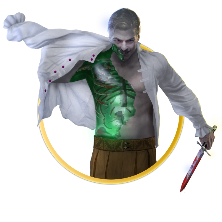 A circular token which depicts the corpseweaver as they walk away from their latest victim, pulling on the victims clothes so that they can impersonate them. The corpseweaver's body is partially translucent green, showing broken and absorbed bones within.
