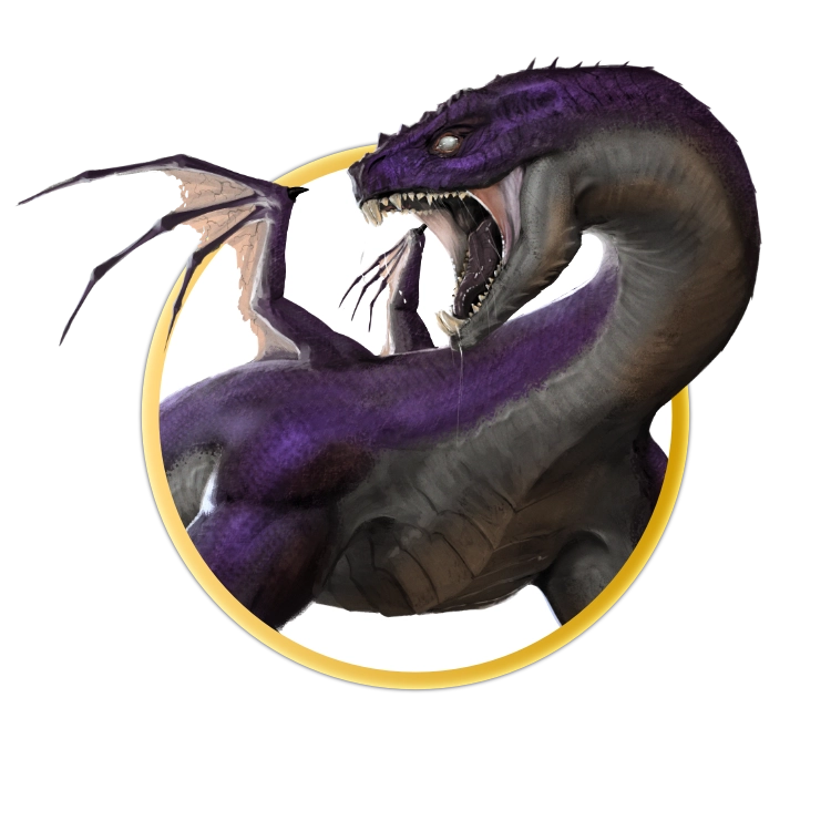 A circular token which depicts A purple skinned dragon with small, withered, wings and a long serpentine neck.