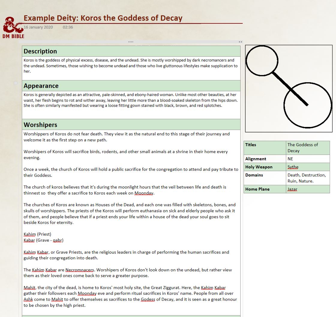 An example page from the OneNote GM bible, showing a template for creating deities.