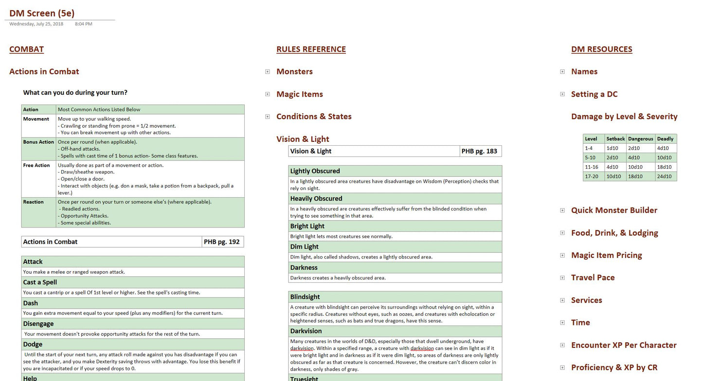 An example page from the OneNote GM bible, showing a template for making a digital game master screen.