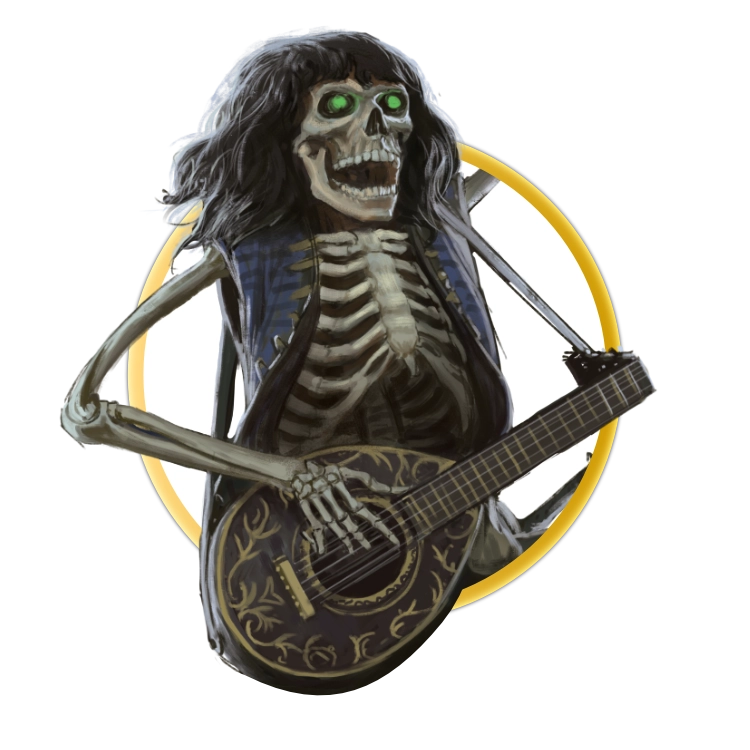 A circular token which depicts A living skeleton with glowing green eyes stands with one leg raised on a pile of skulls and one hand raised in the air in the sign of rock and roll. He is wearing a blue bard's jacket, has long hair, and is carrying a decorated lute.