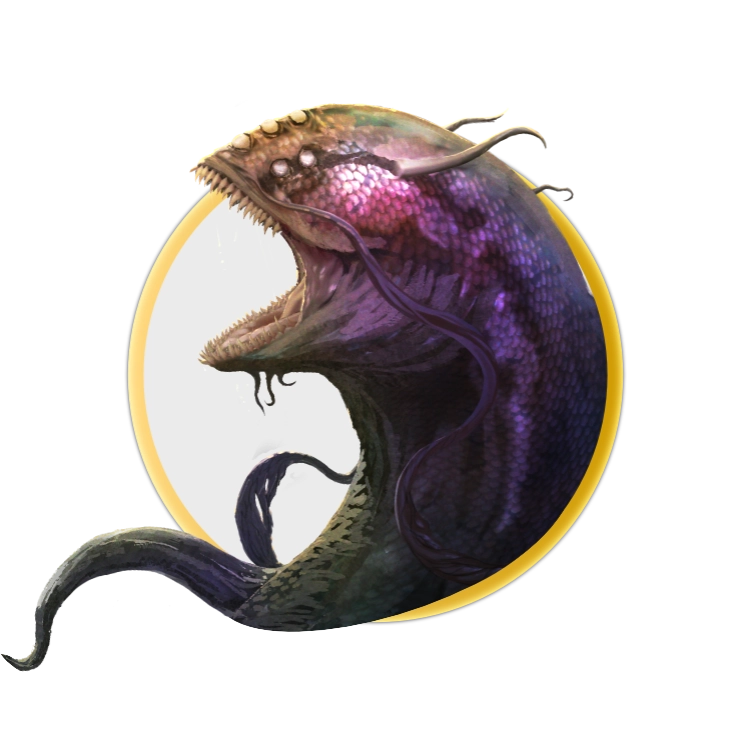 A circular token which depicts a purple-skinned eldritch abomination which has a large mouth with many teeth, scaly flesh, and multiple tentacles.