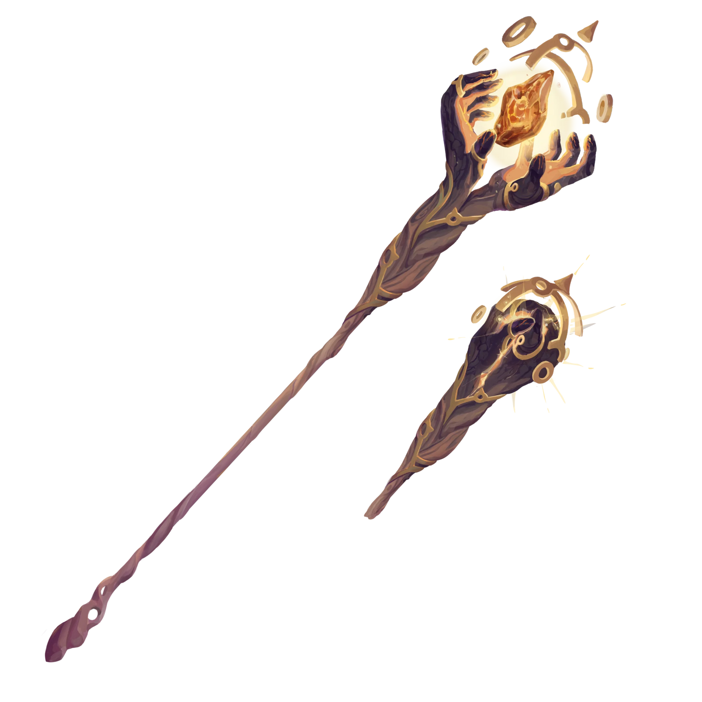The Emberheart staff, a wooden staff which ends in a pair of carved hands which can open around a glowing orange gemstone which seems to float away from the end of the staff.