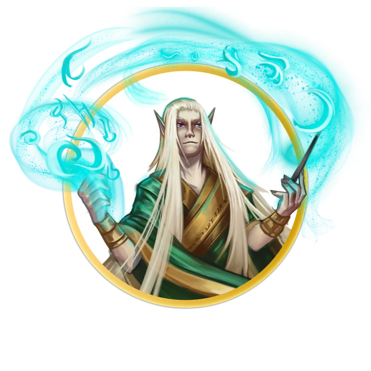 A circular token which depicts A white elf with purple eyes and long platinum blonde hair which reaches past his waist. He wears green and gold robes and is using his wand to cast a spell.