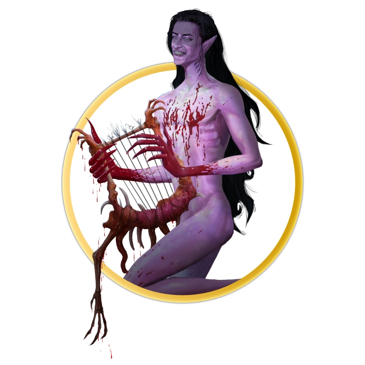 A circular token depicting A lithe, purple-skinned male fey with long black hair, pointed ears, and webbed feet. He stands naked, covered in blood, and plays a small harp made of human bones with long, sharp, fingers.