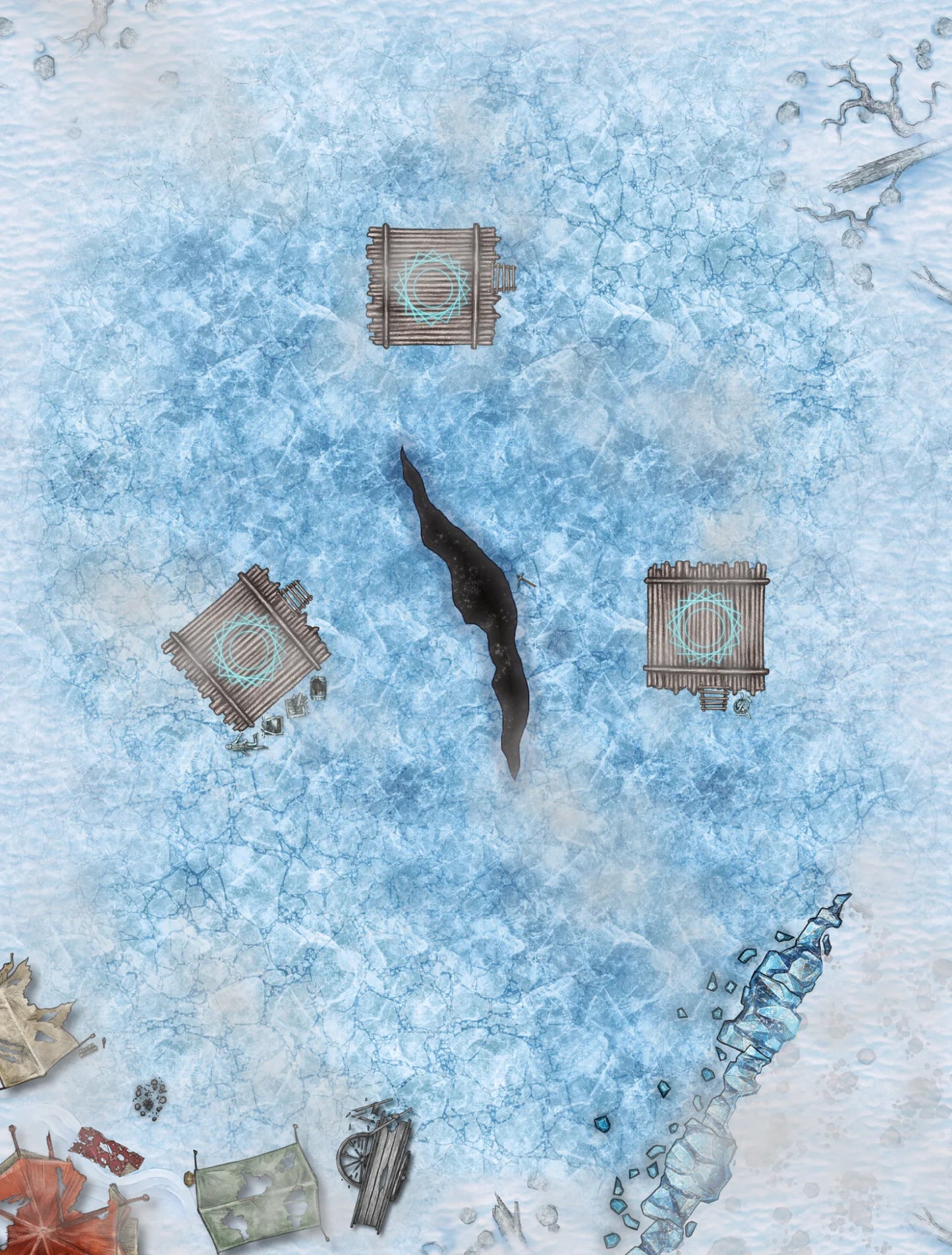 A map of a frozen lake with a black tear in reality in the center surrounded by three wooden platforms.