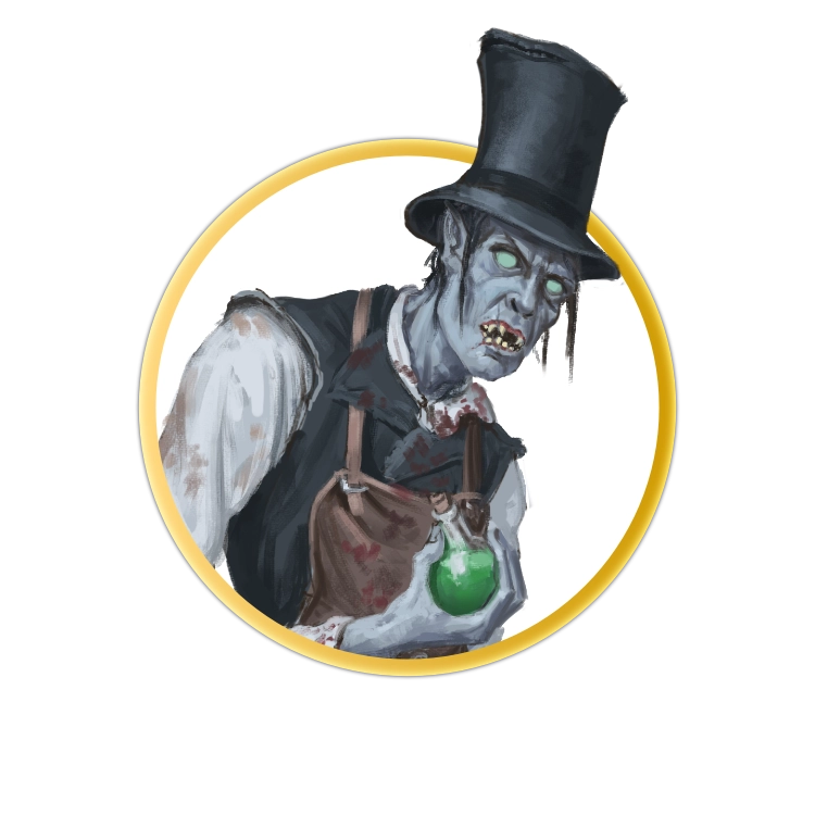 A circular token depciting An undead ghoul dressed in a top hat and surgeon's apron. In one hand he holds a vibrant green potion bottle.