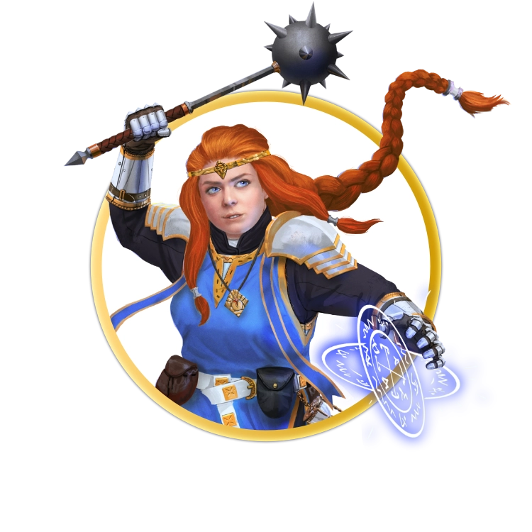A circular token which depicts A red-headed dwarf who is wearing blue clerics robes over her silver and gold armor. She swings her morningstar while casting a spell with her other hand. On her belt, an hourglass filled with sand swings as she moves.