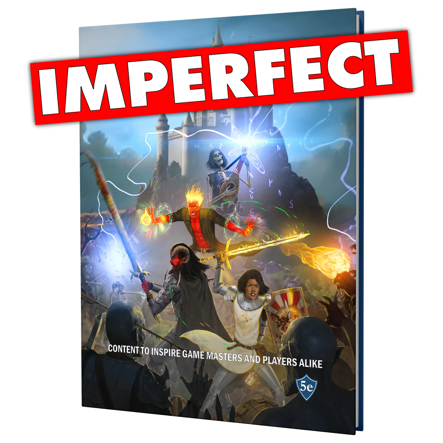 The front cover of the SIDEQUEST Year 2 annual which depicts 4 adventurers fighting a horde of undead in front of a castle in the background. A red banner with text reading "Imperfect" is laid on top of the image.