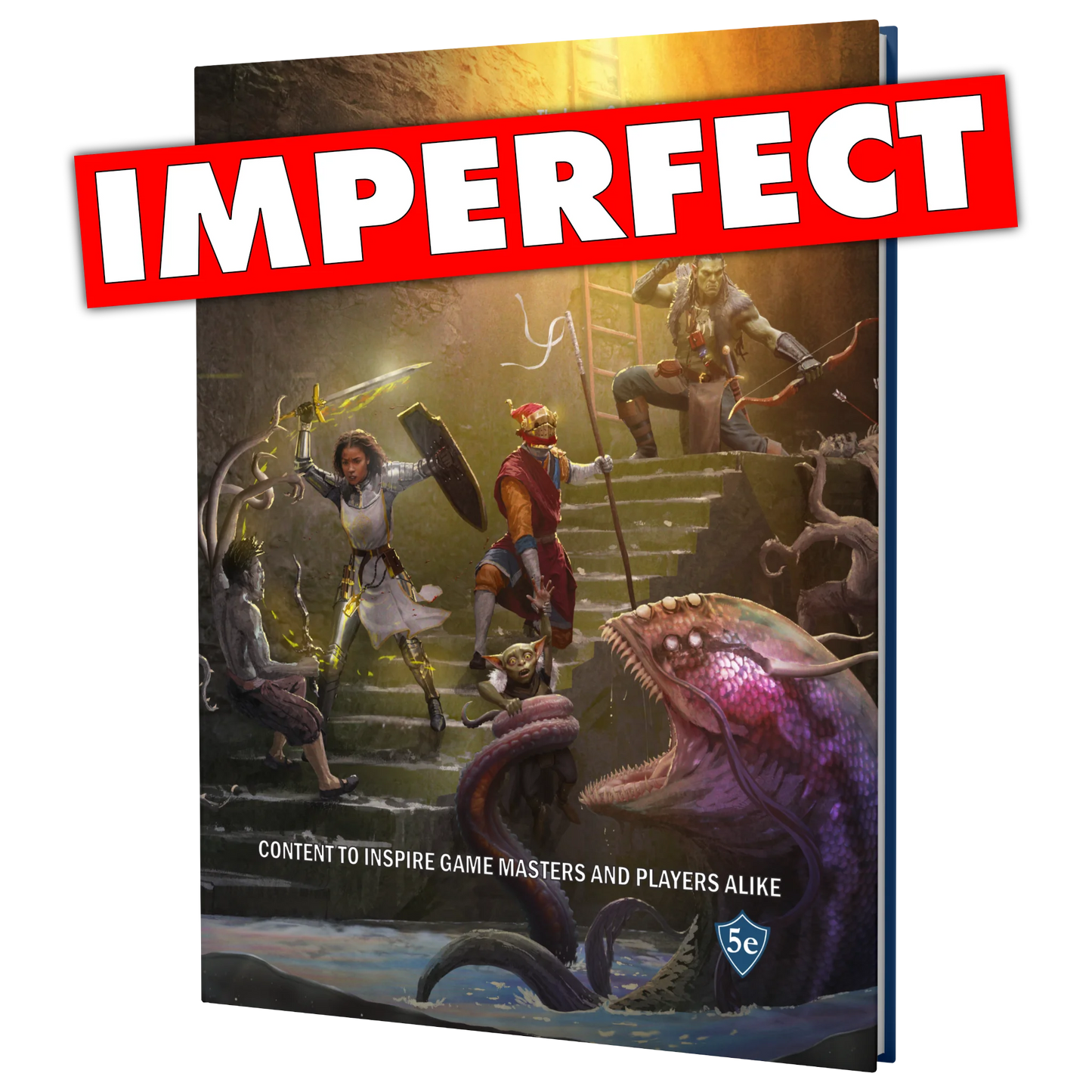 The front cover of the SIDEQUEST Year 3 annual which depicts 4 adventurers doing battle against a horde of void mutants in a flooded sewer. A red banner with text that reads "imperfect" is laid over the image.