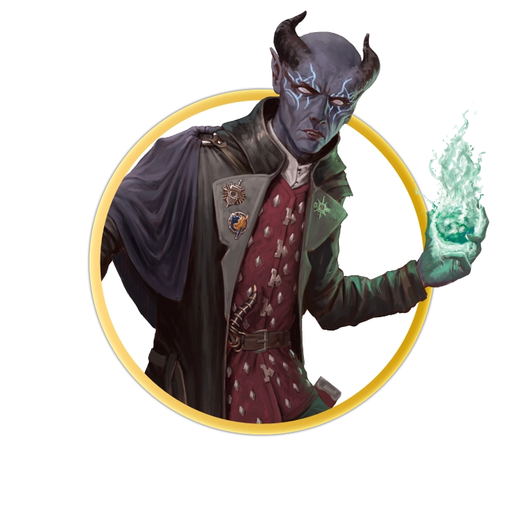 A circular token which depicts A purple-skinned tiefling holding their glowing red vorpal sword at the ready in one hand, conjuring a ball of green fire in the other hand. Around their eyes they have magical tattoos which seem to glow and they are wearing a long black imperial jacket adorned with campaign medals.