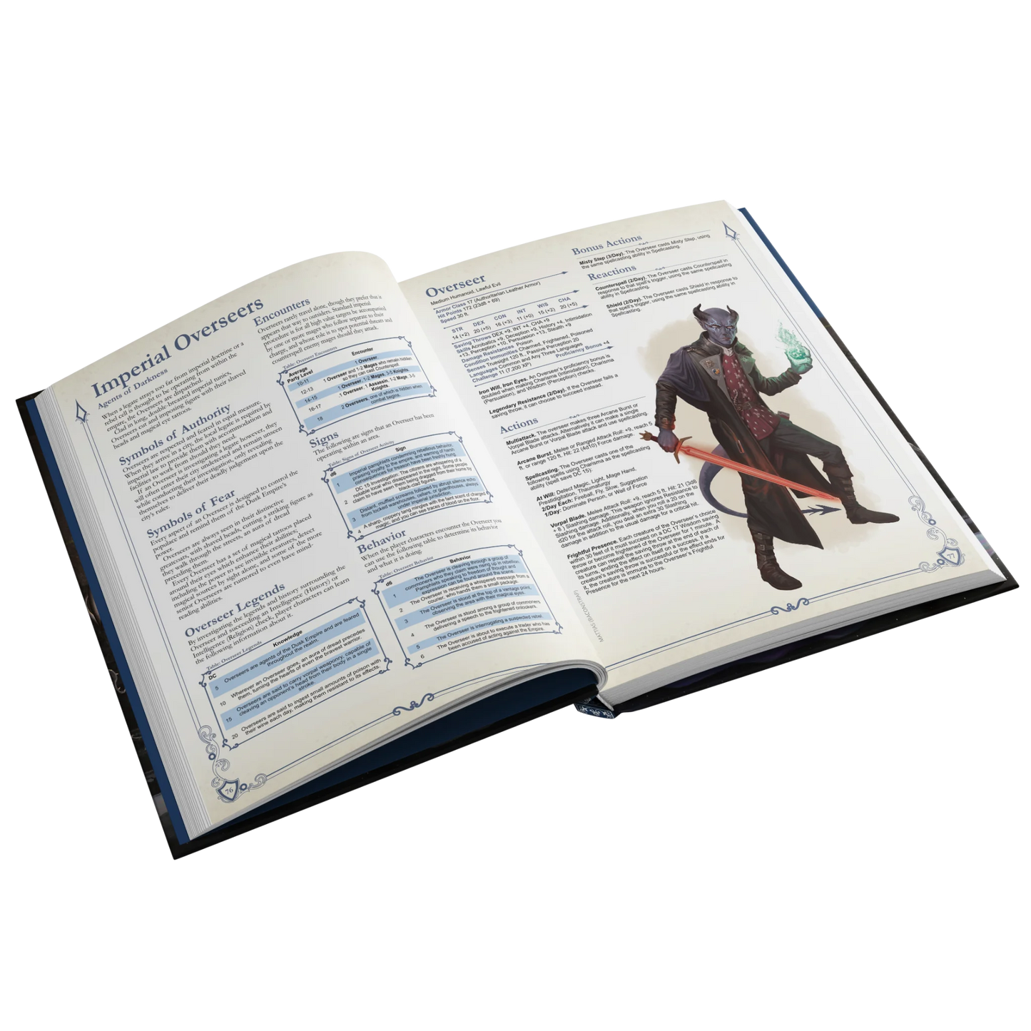 A mockup showing an interior spread of the SIDEQUEST annual. This spread depicts the Imperial Overseers and features text on both pages and an illustration of a purple-skinned tiefling on the right page.