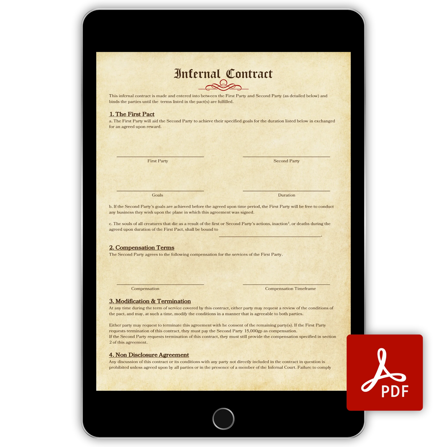 A computer tablet showing page from the Infernal Contract document. In front of this is the PDF logo.