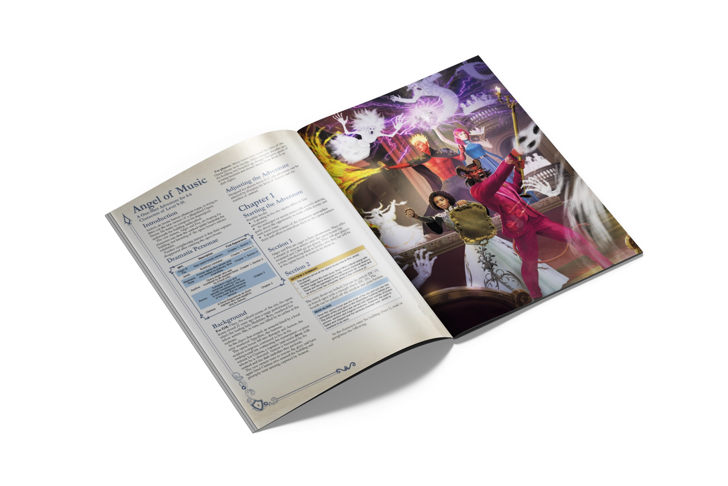 A mockup of an interior spread of the book, showing the Angel of Music adventure, with the text of the adventure on the left page, and artwork which depicts four adventurers battling ghosts in an opera house on the right page.