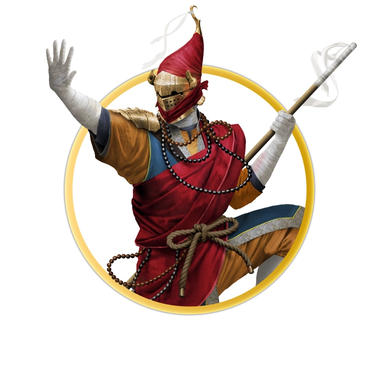 A circular token which depicts A monk dressed in orange, red, and blue robes stands in a martial arts pose, holding a staff out behind them. Their entire body is covered, showing no skin. They are wearing a tall metal helmet with tassels tied to the top which sway with their movement.