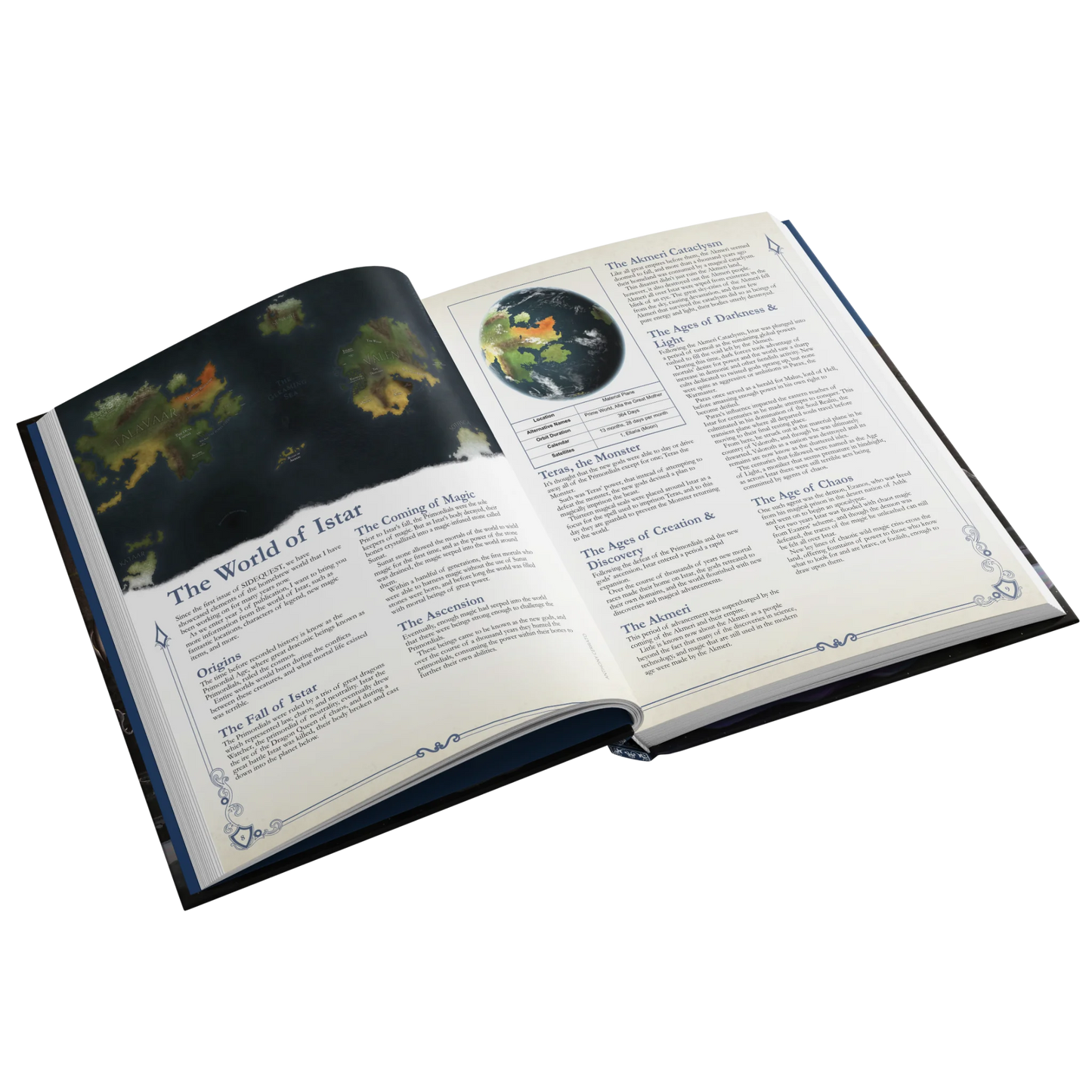 A mockup showing an interior spread of the SIDEQUEST annual. This spread depicts an article dedicated to the World of Istar and features text on both pages as well as a globe view of the world and a top-down map.