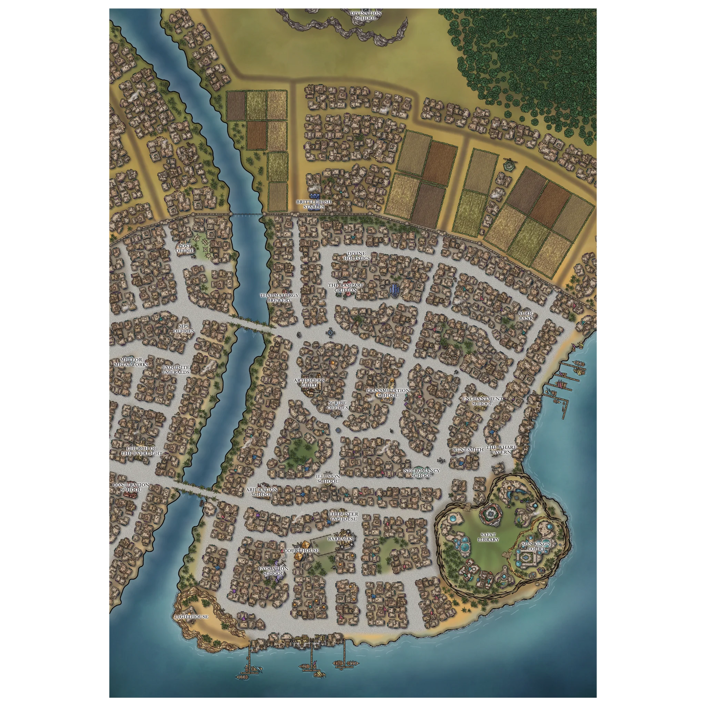 An illustration of the map of the city of Kadim, showing the major locations of the city.
