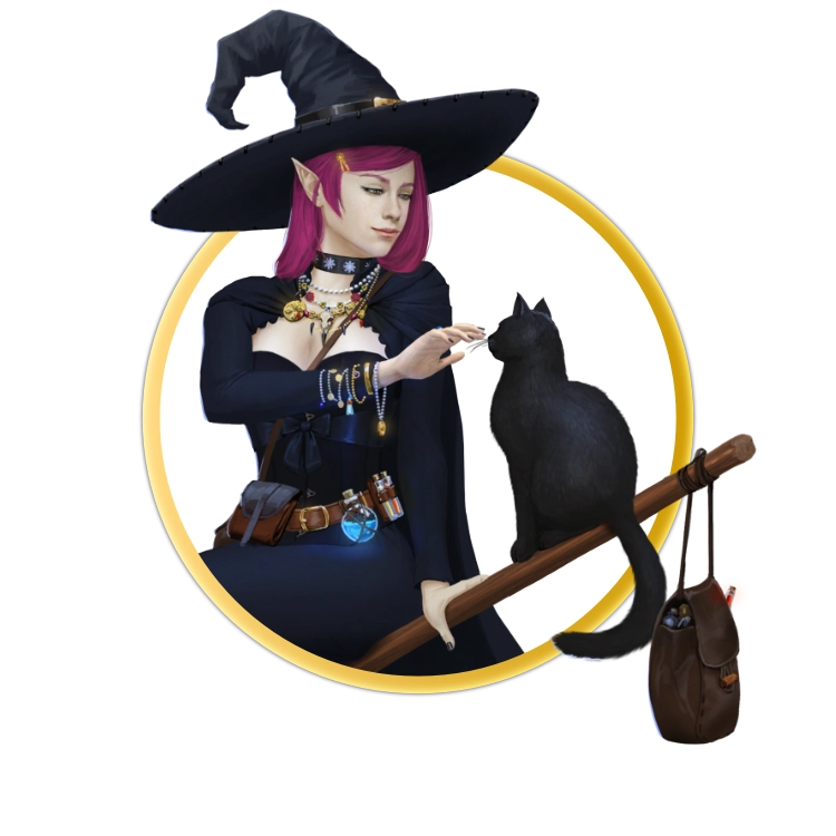 A circular token which depicts A purple-haired witch sits on her broomstick petting her black cat familiar. She wears a black dress and cape and a pointed black witches hat.