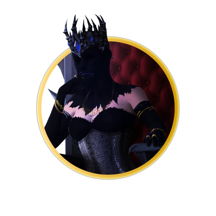 A circular token which depicts A female fey queen who sits in a dark throne in a lonely throneroom. She wears a black wedding dress, complete with veil, which covers her face.