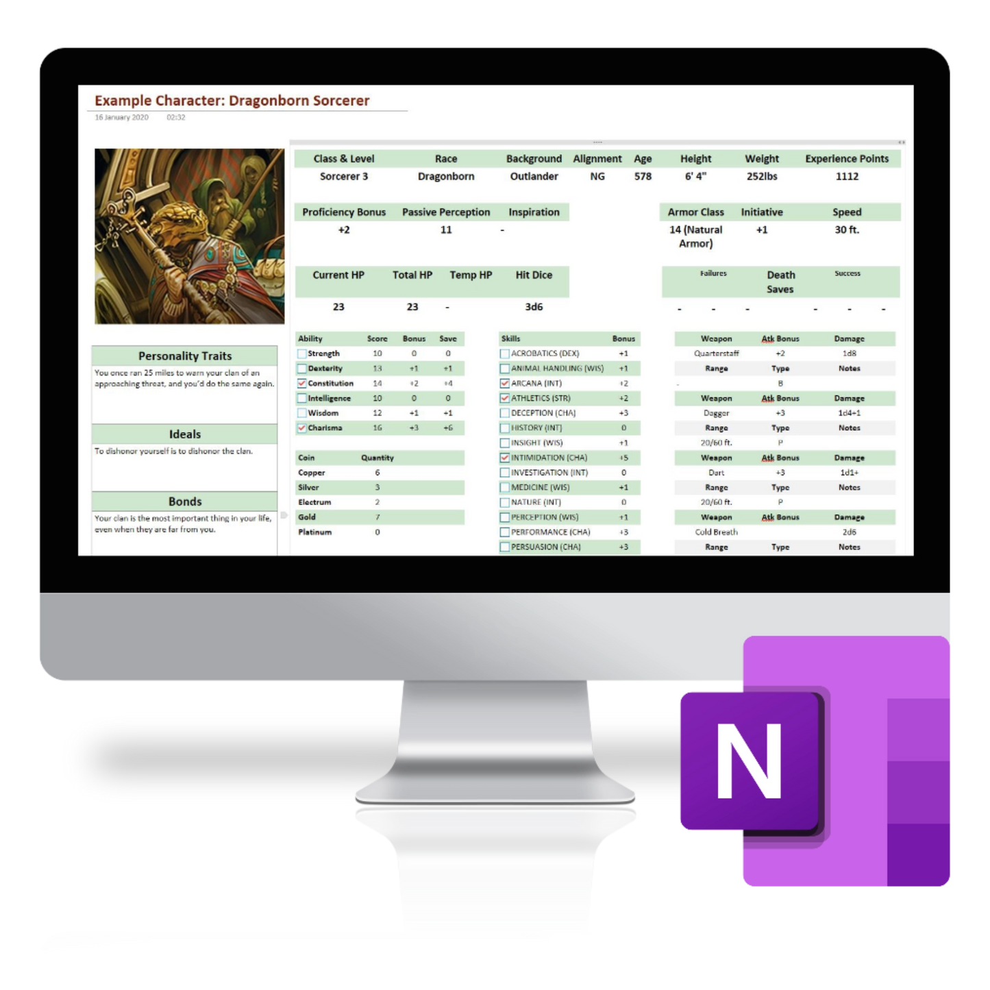 A render of a computer screen showing the OneNote GM Bible in use, with the OneNote logo in the bottom right of the image.