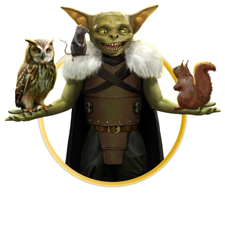 A circular token which depicts A male goblin standing surrounded by woodland creatures which have come to greet him. He wears simple leather armor and furs and holds his arms out so his woodland friends can rest in his hands.