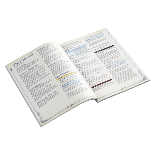 The Night of Adventure book laying flat open showing a two-page spread of the "First Seal" adventure.