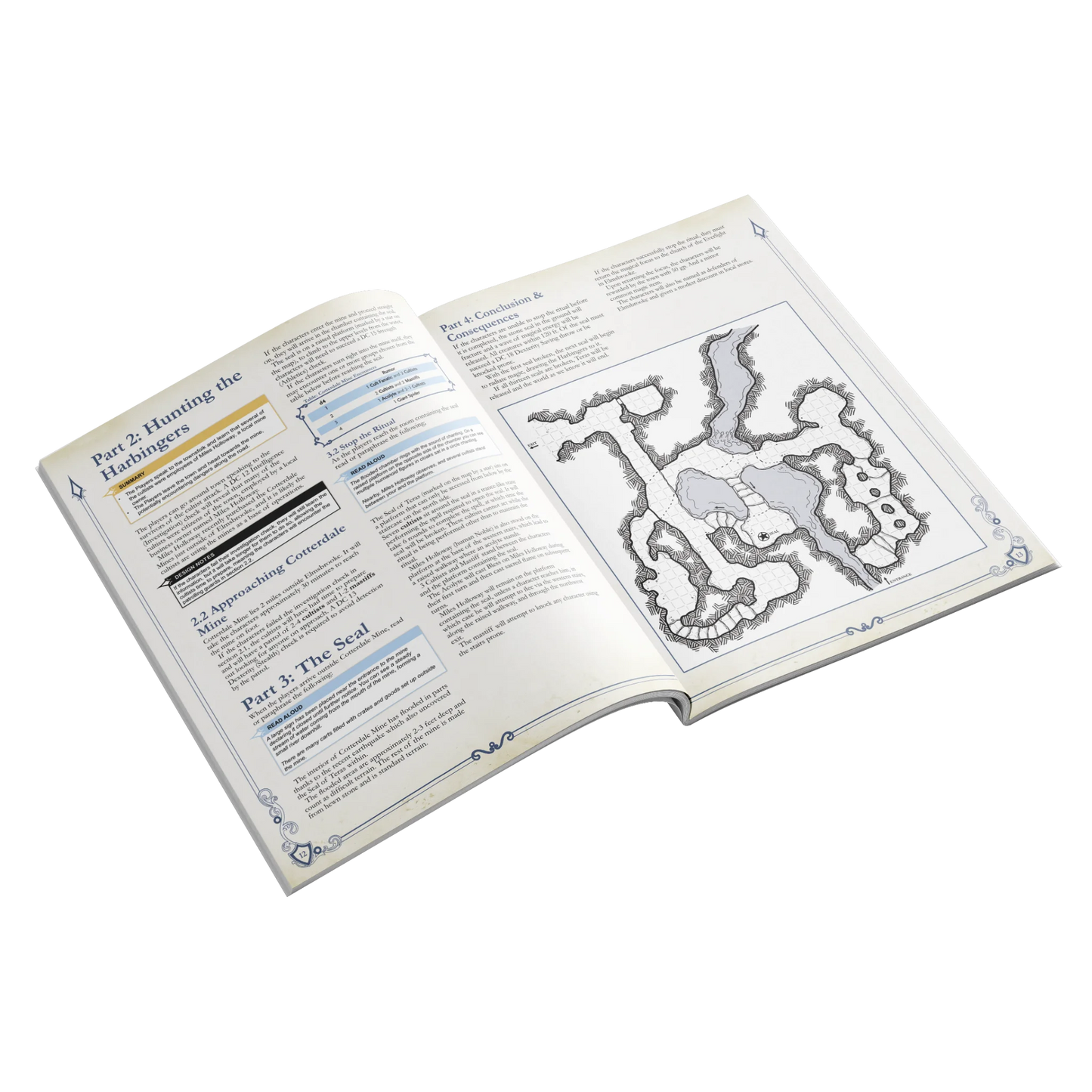 The Night of Adventure book laying flat open showing a two-page spread of the "First Seal" adventure, complete with a map.