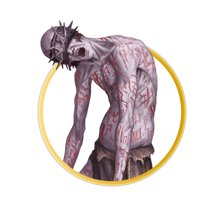 A circular token which depicts the Nullkin. The nullkin drags an infected, painful looking leg behind it as it stalks the halls of the Infernal Court. Their entire pale body is covered in runes that are carved into their flesh, and they wear a spiked iron blindfold over their eyes.