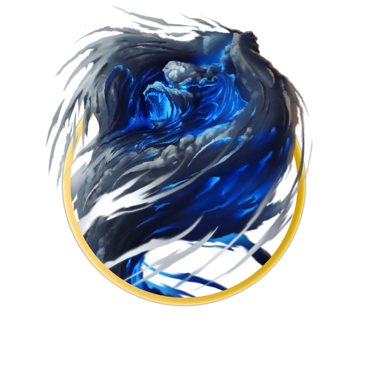 A circular token depicting A storm elemental in the shape of a gorilla formed cloud which glows with blue lightning.