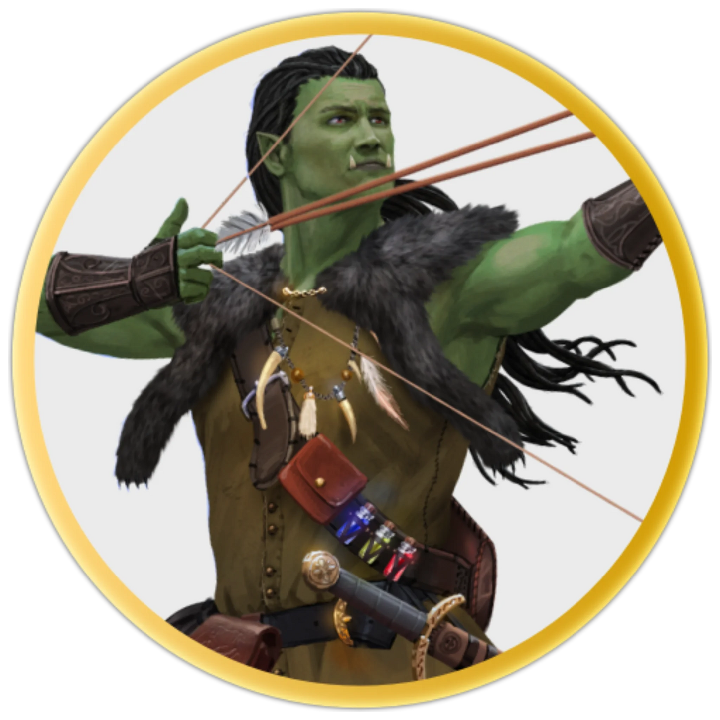 A circular token depicting An orc dressed in leathers and furs, wearing a bandolier of potion bottles and drawing back two arrows in his bow.