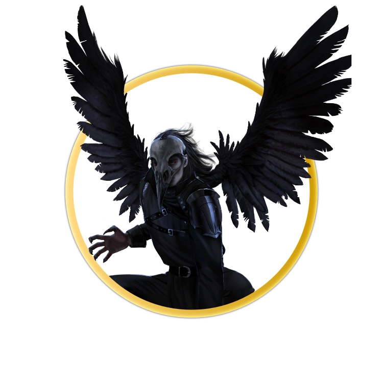 A circular token which depcits the raven of ket. A raven of ket sits on top of a rooftop, their back against the full moon. The raven wears simple black clothing and has large black raven wings. On their face they wear a bird-like skull. Their hands and feet appear to be taloned like a bird.