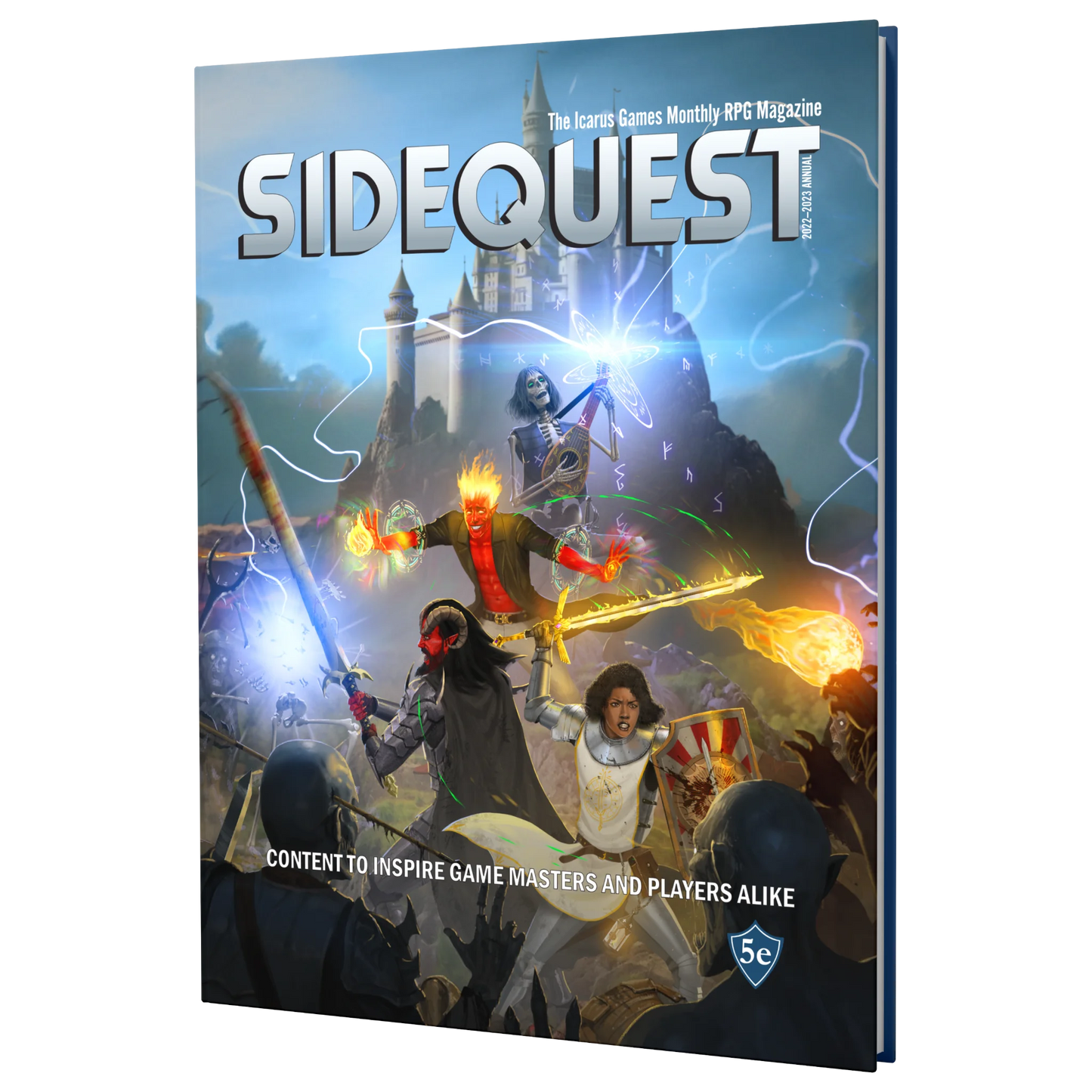 The front cover of the SIDEQUEST Year 2 annual which depicts 4 adventurers fighting a horde of undead in front of a castle in the background.