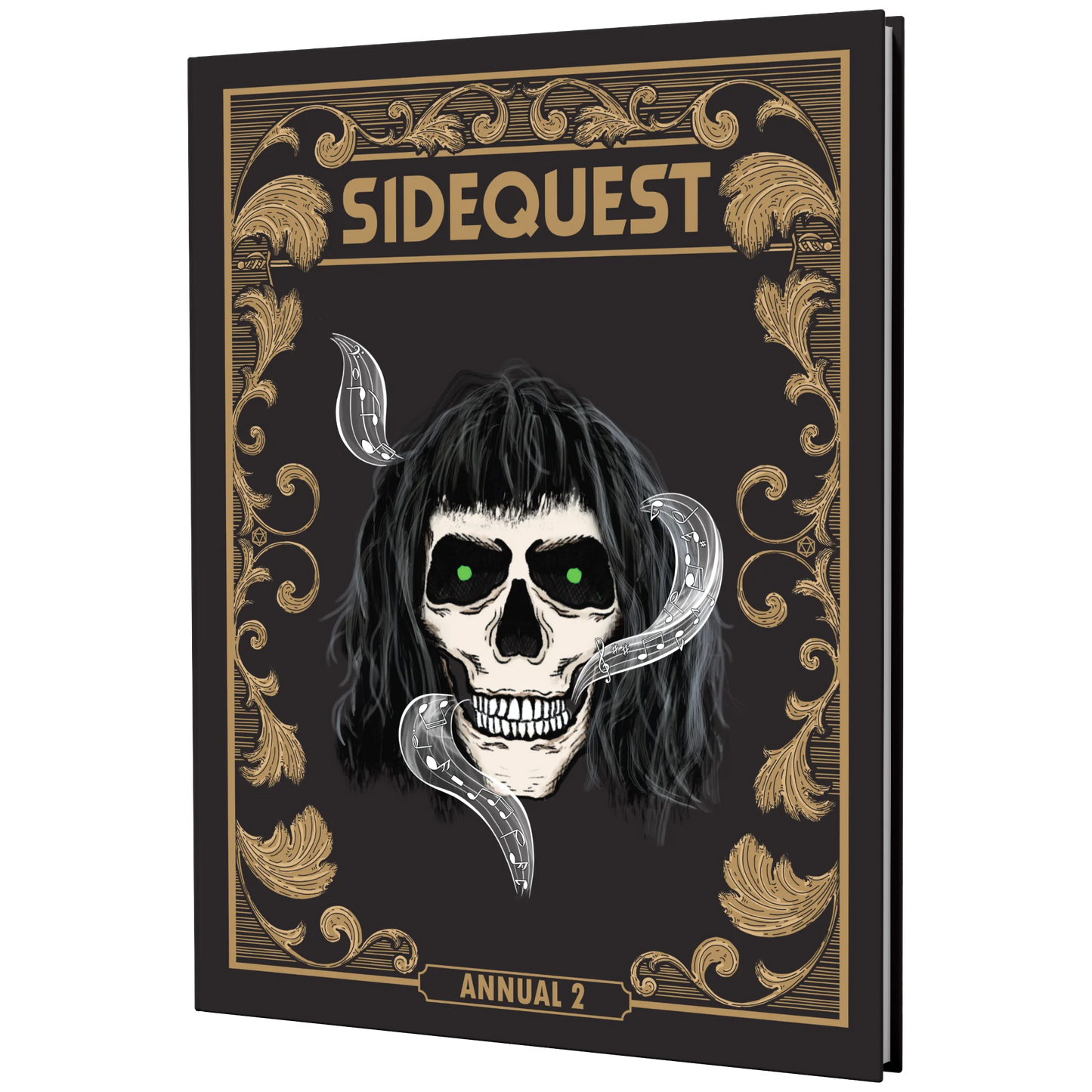 The front cover of the SIDEQUEST Year 2 special edition annual which has a gilded gold border design and an illustration of a skull with long black hair and glowing green eyes surrounded by magical music in the center.