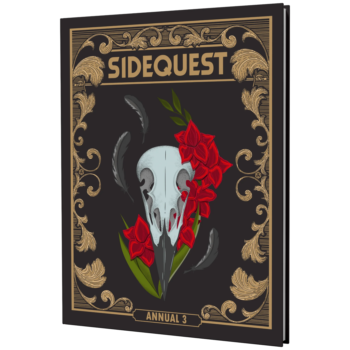 The front cover of the SIDEQUEST Year 3 special edition annual which has a gilded gold border design and an illustration of a raven's skull surrounded by red flowers in the center.