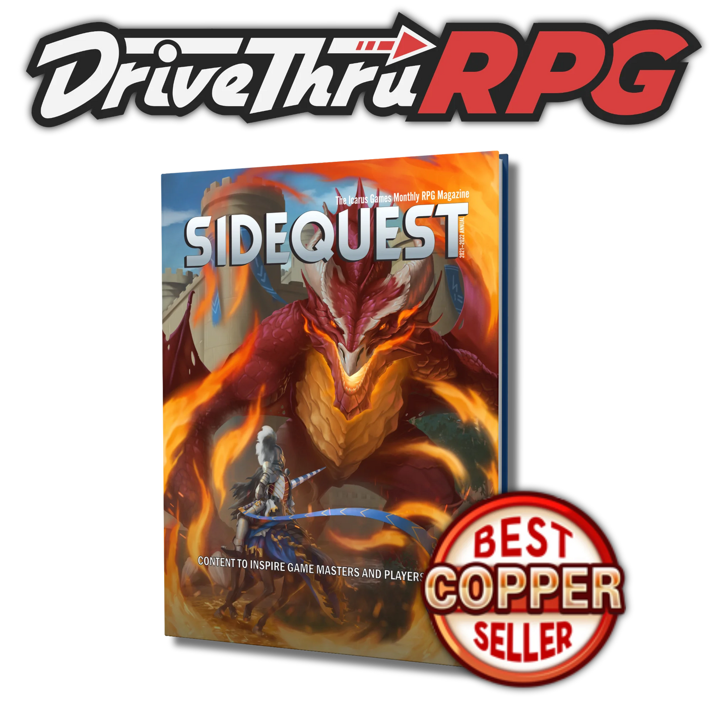 The Cover of the SIDEQUEST year 1 annual which features a silver armored knight on a horse charging a red dragon while surrounded by fire. Above the image is the DrivethruRPG logo, and in front there is the "copper best seller" icon.