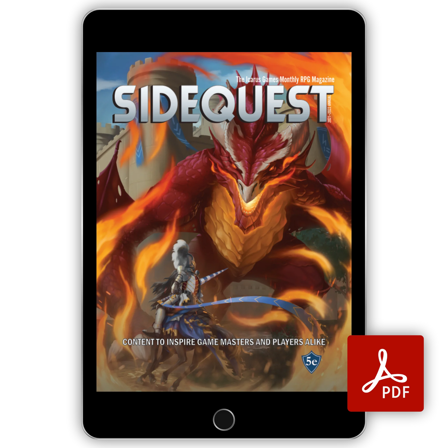 The Cover of the SIDEQUEST year 1 annual which features a silver armored knight on a horse charging a red dragon while surrounded by fire. This is in a computer tablet with the PDF logo in front of it.