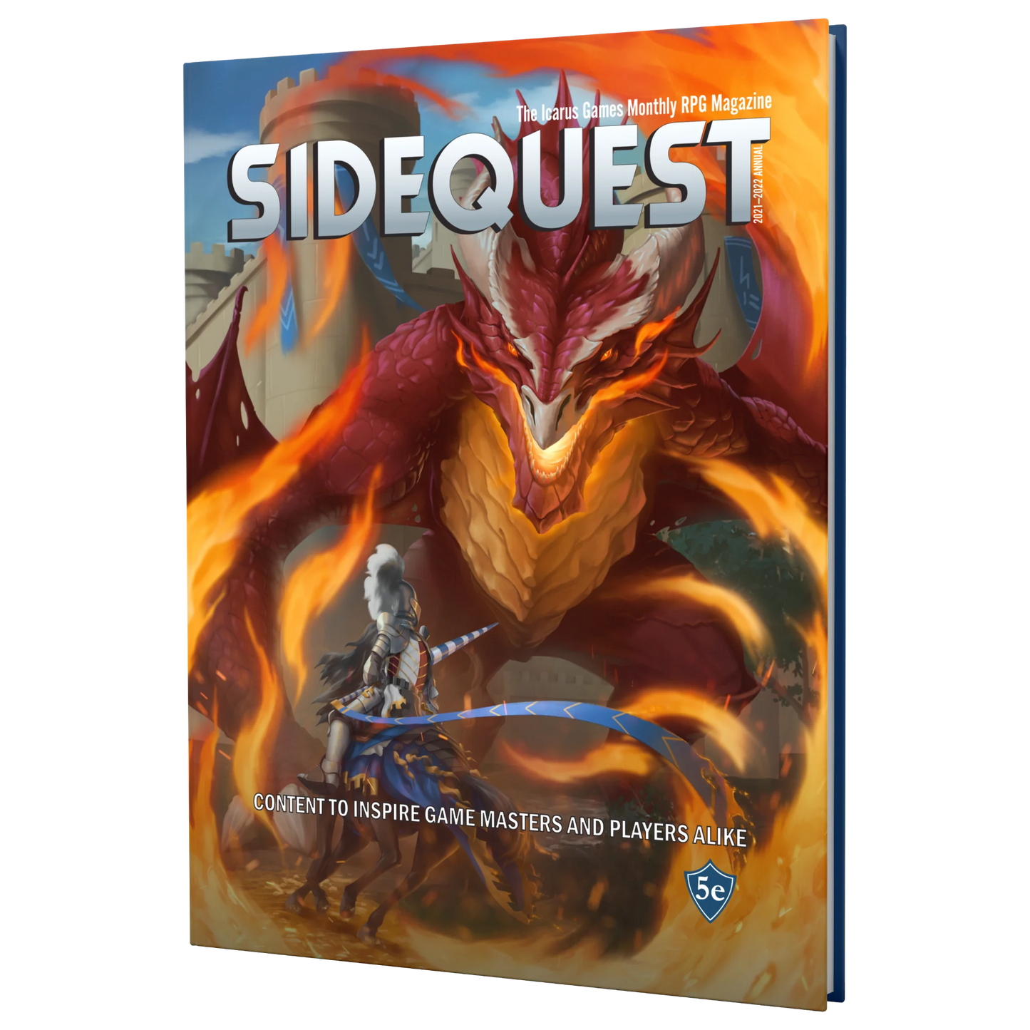 The Cover of the SIDEQUEST year 1 annual which features a silver armored knight on a horse charging a red dragon while surrounded by fire.