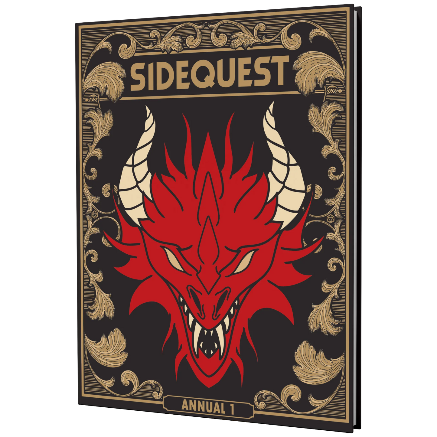 The front cover of the SIDEQUEST Year 1 special edition annual which has a gilded gold border design and an illustration of a red dragon's head in the center.