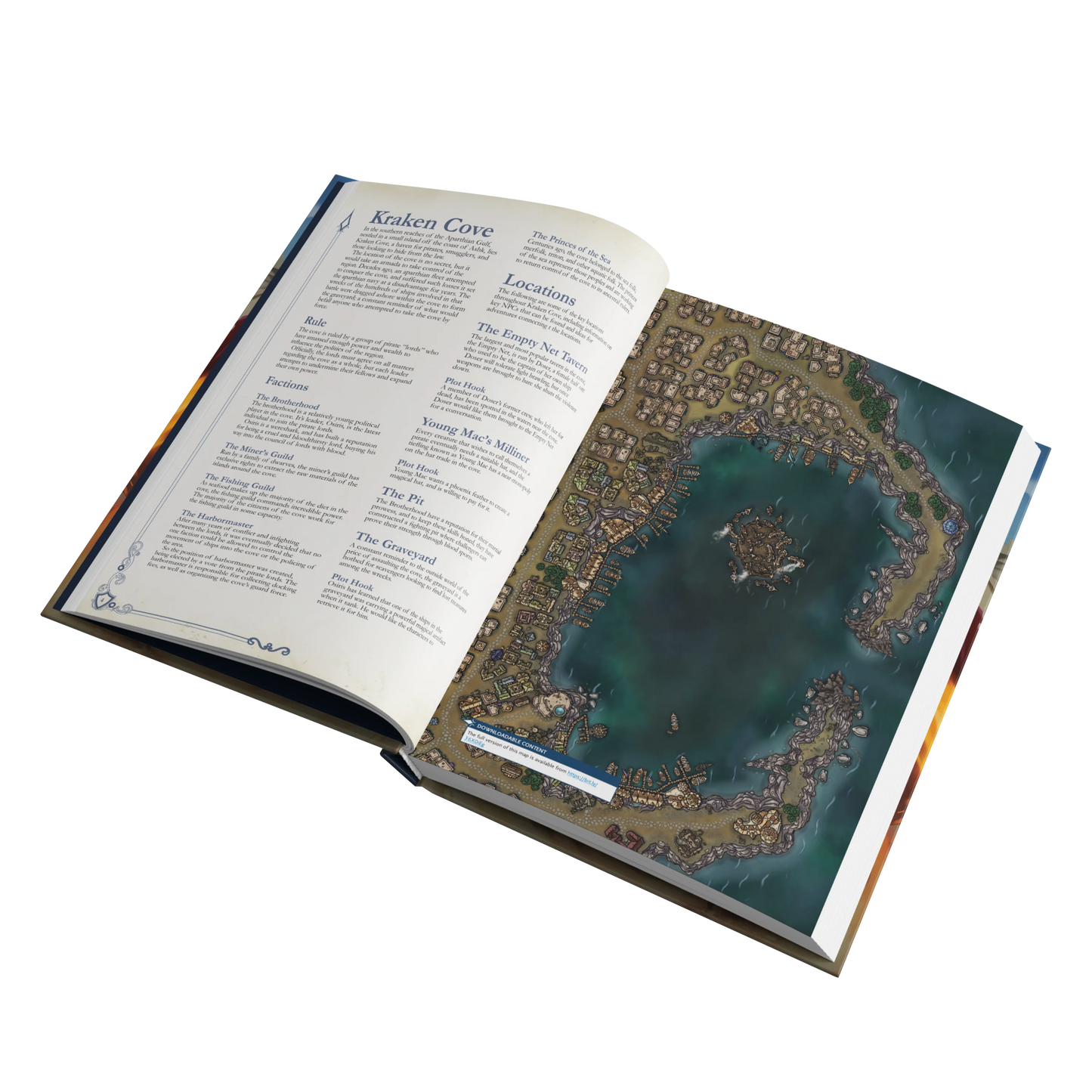 An interior spread of the SIDEQUEST annual showing Kraken Cove, one of the book's fantastic location. On the left page is information of the location and on the right is a map of the location.