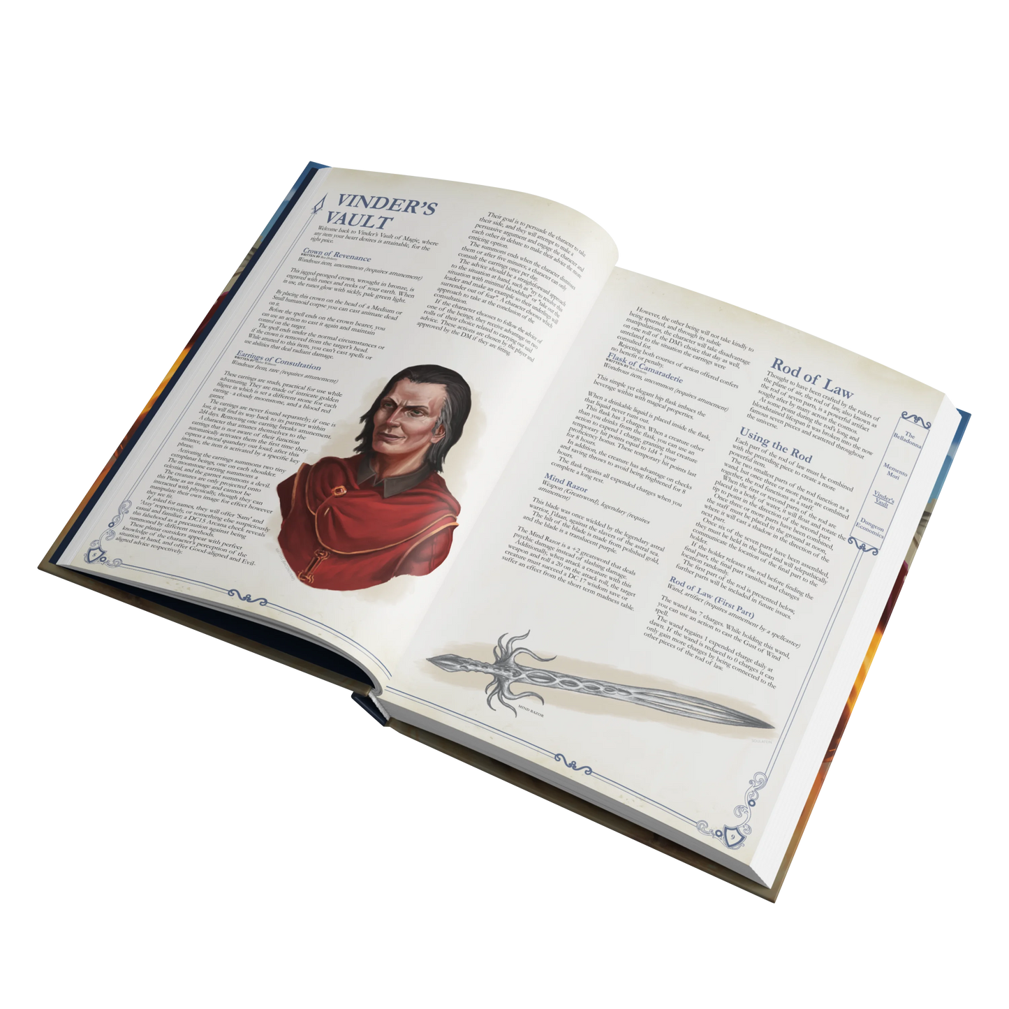 An interior spread of the SIDEQUEST annual showing Vinder's Vault, an article dedicated to new magic items.